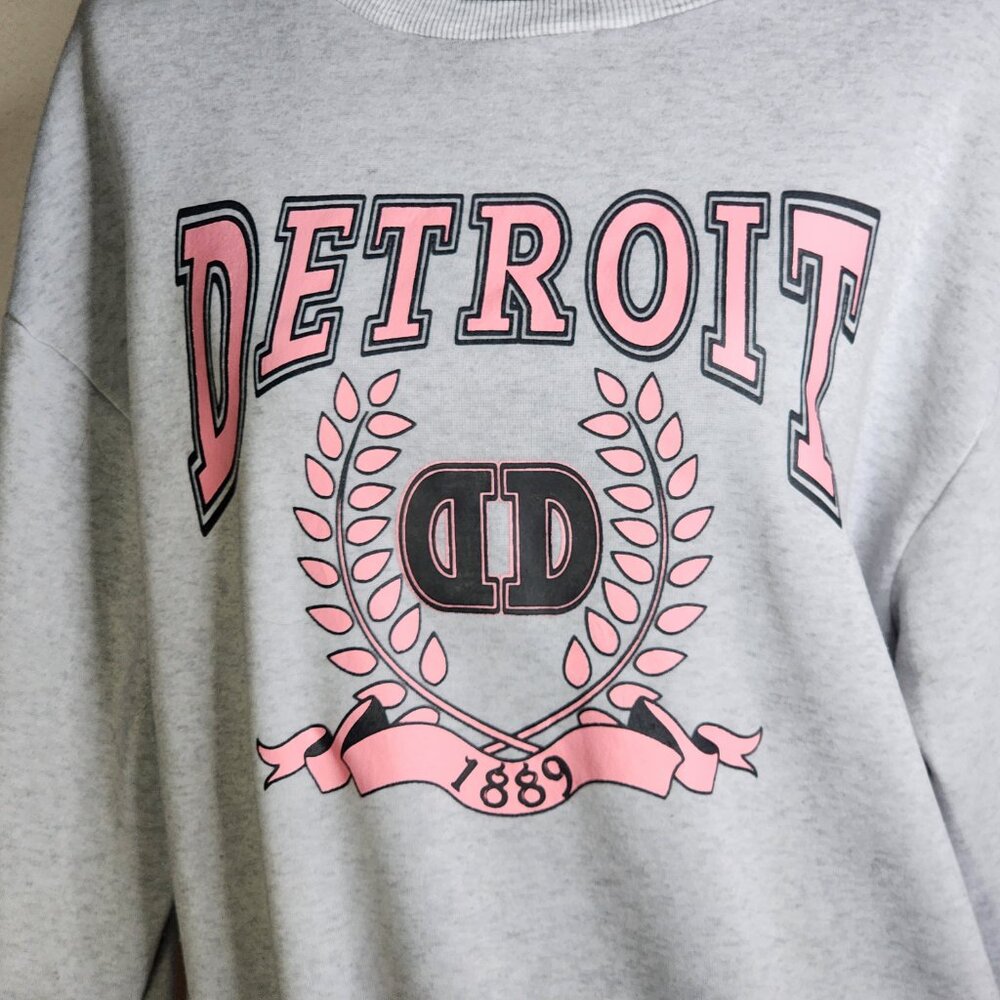 Shein Grey Crewneck with Pink Detroit Graphic Long Sleeve Poly Sweatshirt Sz S - Picture 5 of 16
